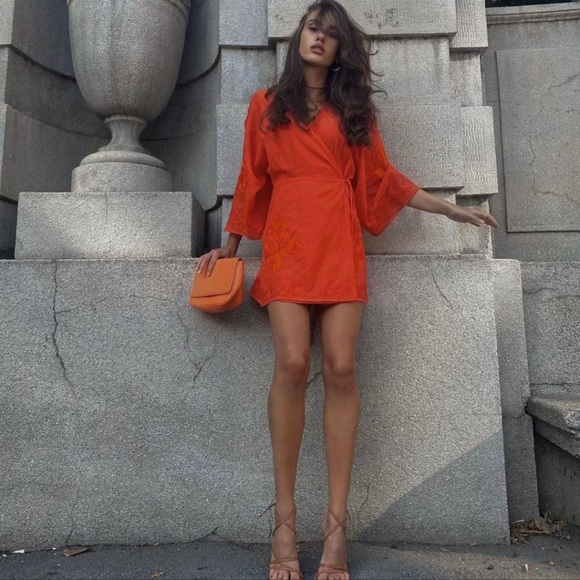 Zara orange embroidery wrapped romance dress - Picture 12 of 15